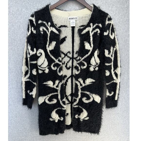 Rebells Womens Open Cardigan Fuzzy Black Cream Floral Print Long Sleeve Size S - Picture 1 of 11